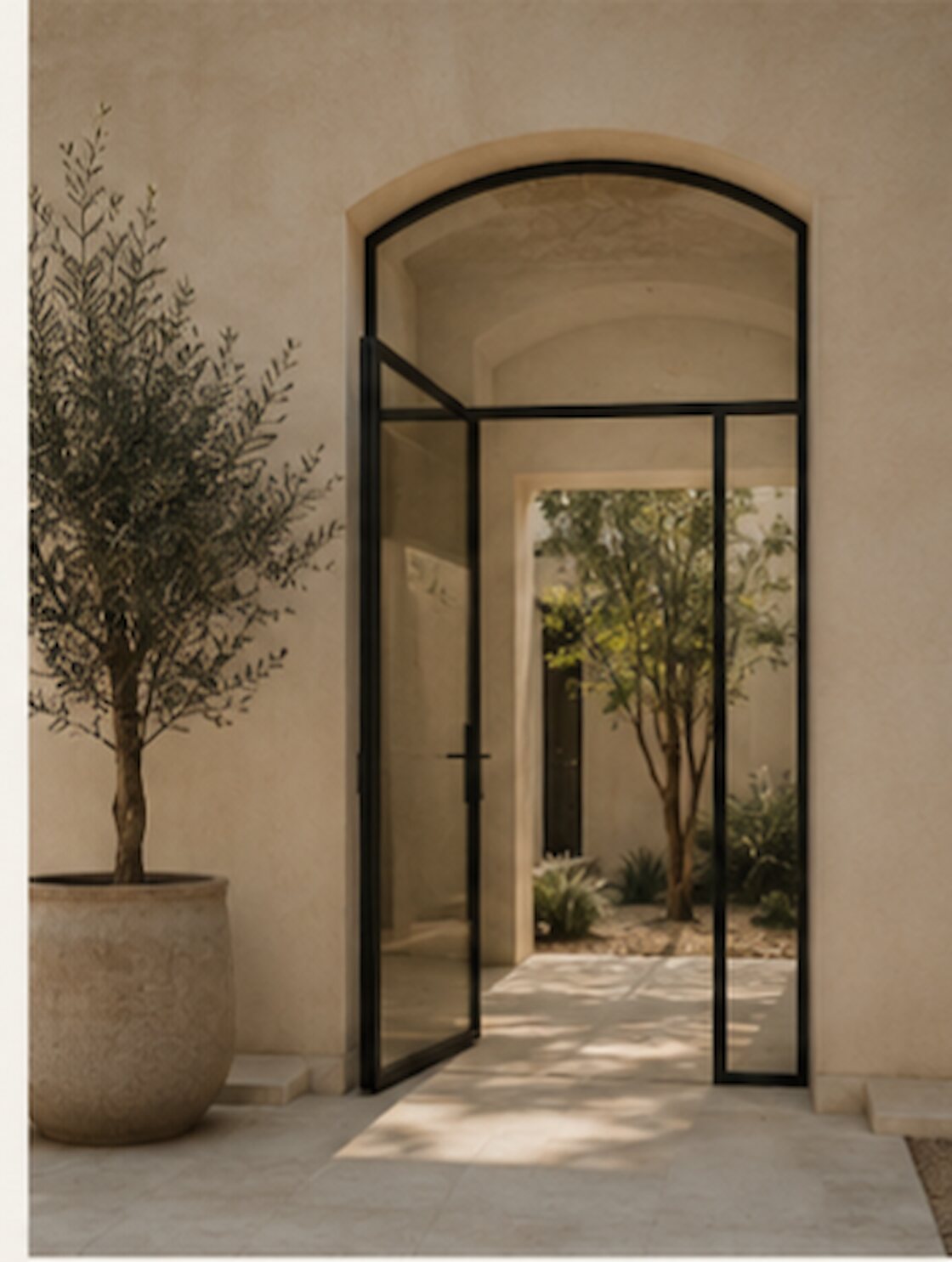 A quiet arched threshold opening onto a planted courtyard